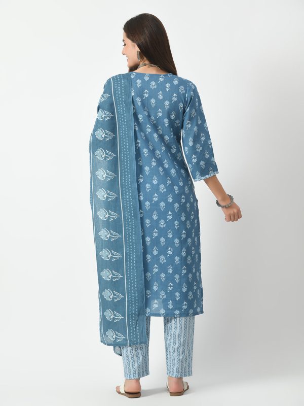 Blue Printed and Embroidered Kurta Pant With Dupatta Set - Rasiya For Cheap