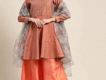 Women Floral Pleated Dupion Silk Jacquard Kurta With Palazzos & Dupatta Orange - Rasiya on Sale