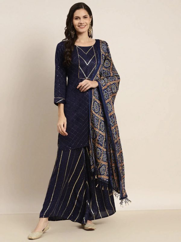 Embroidered Sequinned Kurta With Palazzos & Dupatta Navy - Rasiya on Sale