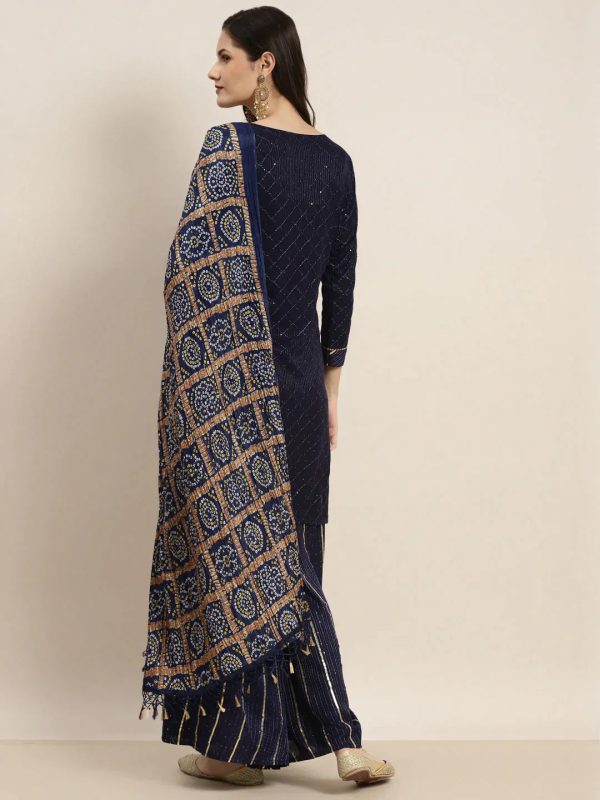 Embroidered Sequinned Kurta With Palazzos & Dupatta Navy - Rasiya on Sale