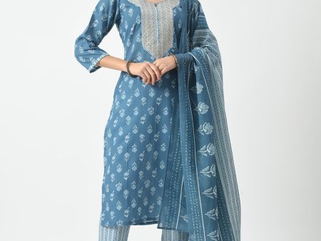 Blue Printed and Embroidered Kurta Pant With Dupatta Set - Rasiya For Cheap