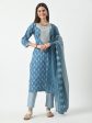 Blue Printed and Embroidered Kurta Pant With Dupatta Set - Rasiya For Cheap