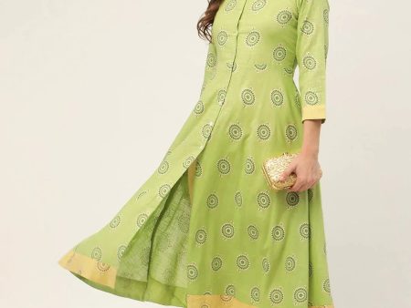 Women Cotton Blend Flared Printed Kurta Green - Rasiya Online Sale