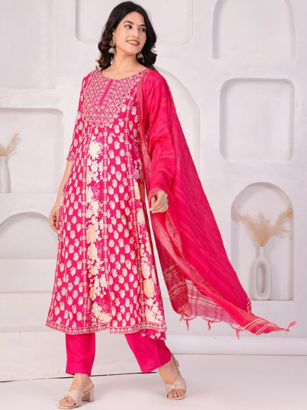 Women Floral Printed Regular Thread Work Kurta with Palazzos & With Dupatta (Pink) - Rasiya Online