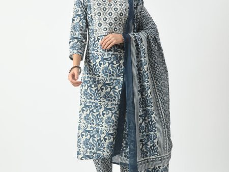 Blue Printed and Embroidered Kurta Pant With Dupatta Set - Rasiya For Discount