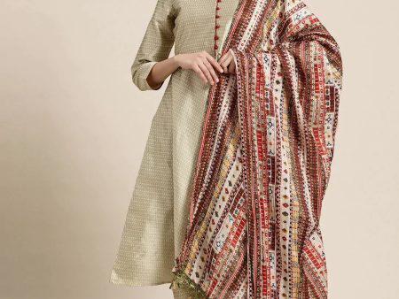 Women Dupion Silk Jacquard Kurta With Trousers & Dupatta Beige - Rasiya For Sale