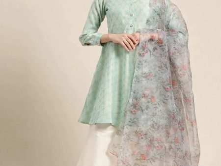 Women Floral Pleated Dupion Silk Jacquard Kurta With Palazzos & Dupatta Blue - Rasiya Sale