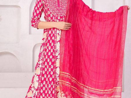 Women Floral Printed Regular Thread Work Kurta with Palazzos & With Dupatta (Pink) - Rasiya Online