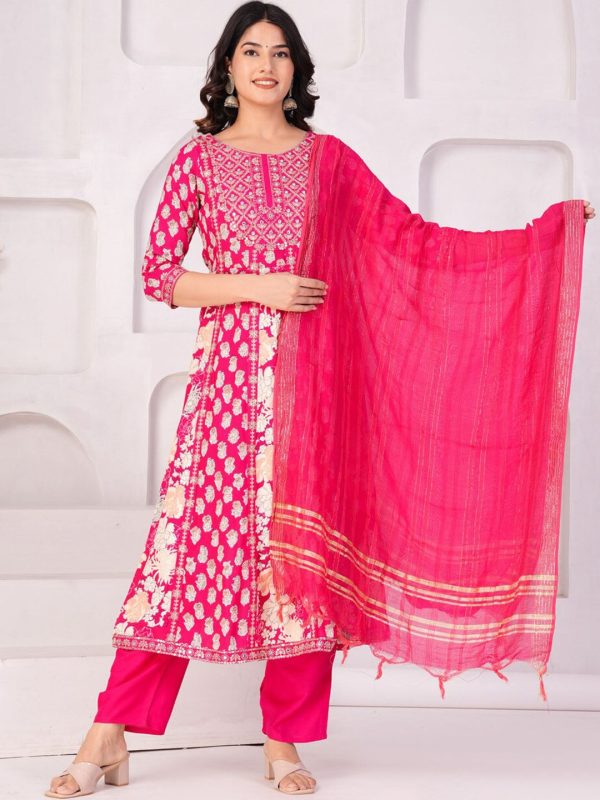 Women Floral Printed Regular Thread Work Kurta with Palazzos & With Dupatta (Pink) - Rasiya Online