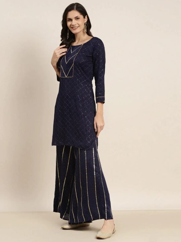 Embroidered Sequinned Kurta With Palazzos & Dupatta Navy - Rasiya on Sale