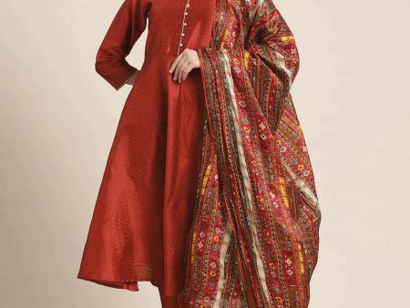 Women Dupion Silk Jacquard Kurta With Trousers & Dupatta Maroon - Rasiya Online