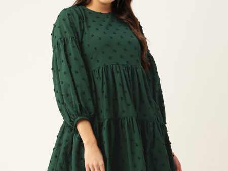 Women Georgette Puff Sleeves Tiered Dress Green - Rasiya Cheap