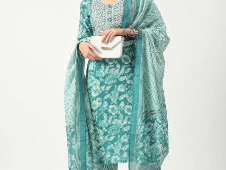 Blue Printed and Embroidered Kurta Pant With Dupatta Set - Rasiya Online now