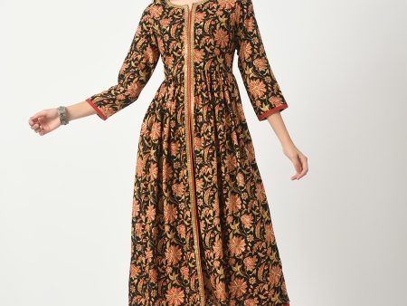 Black Floral Printed Flared Kurta With Pant - Rasiya For Sale