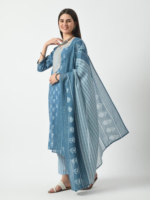 Blue Printed and Embroidered Kurta Pant With Dupatta Set - Rasiya For Cheap