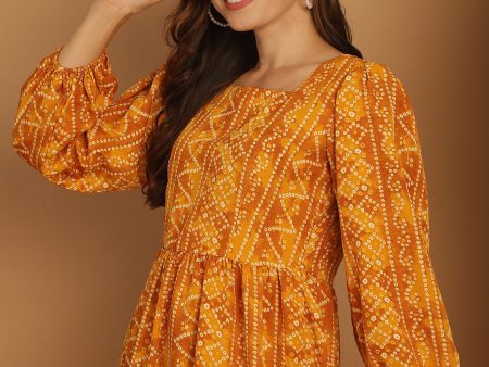 Bandhani Printed Puff Sleeve A-Line Dress Yellow - Rasiya Hot on Sale