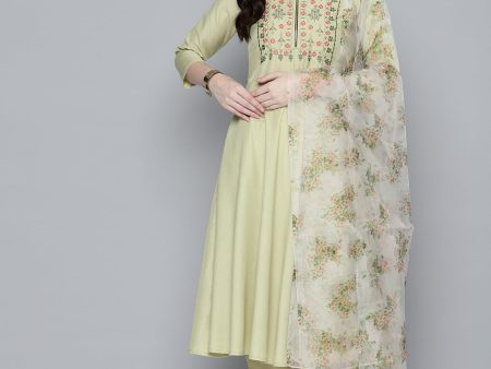 Women Embroidered Thread Work Kurta & Trousers With Dupatta Lime - Rasiya Cheap