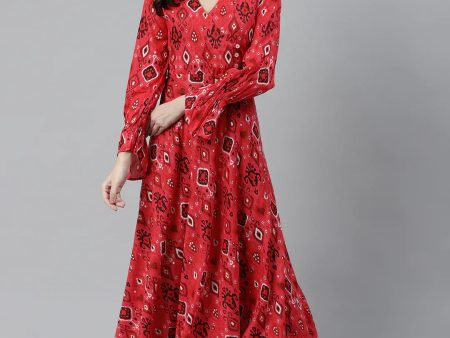 Women Coral Red & Black Ethnic Motifs Printed Angrakha Anarkali Kurta - Rasiya Cheap