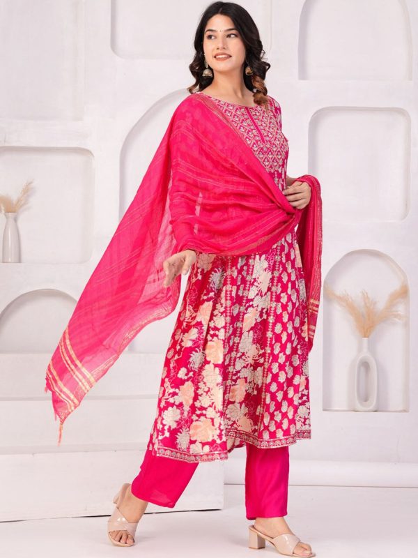 Women Floral Printed Regular Thread Work Kurta with Palazzos & With Dupatta (Pink) - Rasiya Online