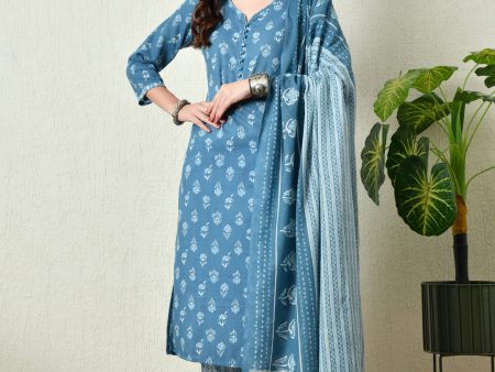 Blue Printed Kurta Pant With Dupatta Set - Rasiya Supply