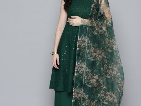 Women Embroidered Sequinned Kurta & Palazzos With Dupatta Green - Rasiya Hot on Sale