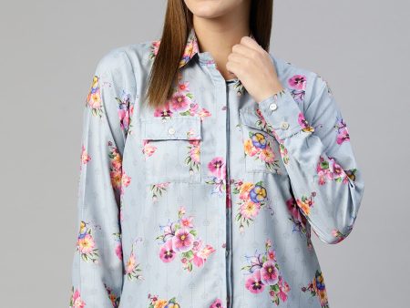 Women Floral Double Pocket Shirt Style Top Grey - Rasiya Sale