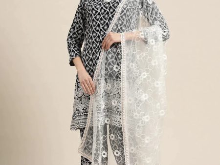 Women Ethnic Motifs Embroidered Sequinned Kurta With Palazzos & With Dupatta Navy - Rasiya on Sale