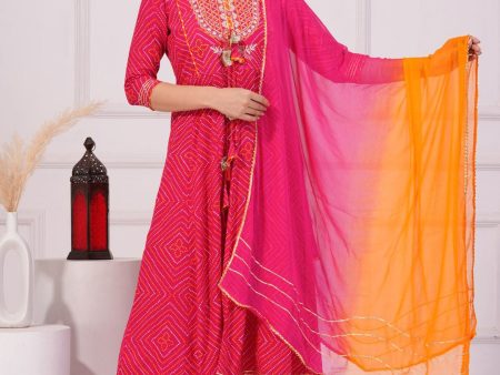 Bandhani Printed Anarkali Kurta with Trousers & Dupatta (Pink) - Rasiya Online Sale