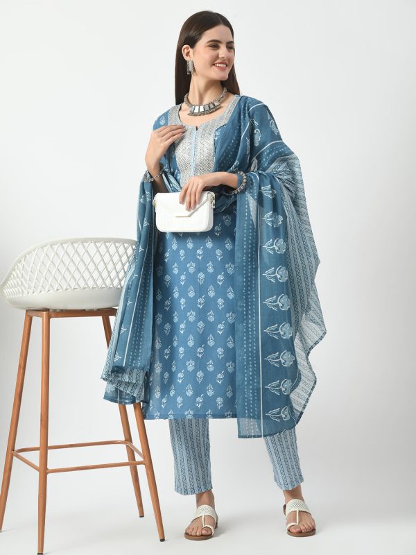 Blue Printed and Embroidered Kurta Pant With Dupatta Set - Rasiya For Cheap