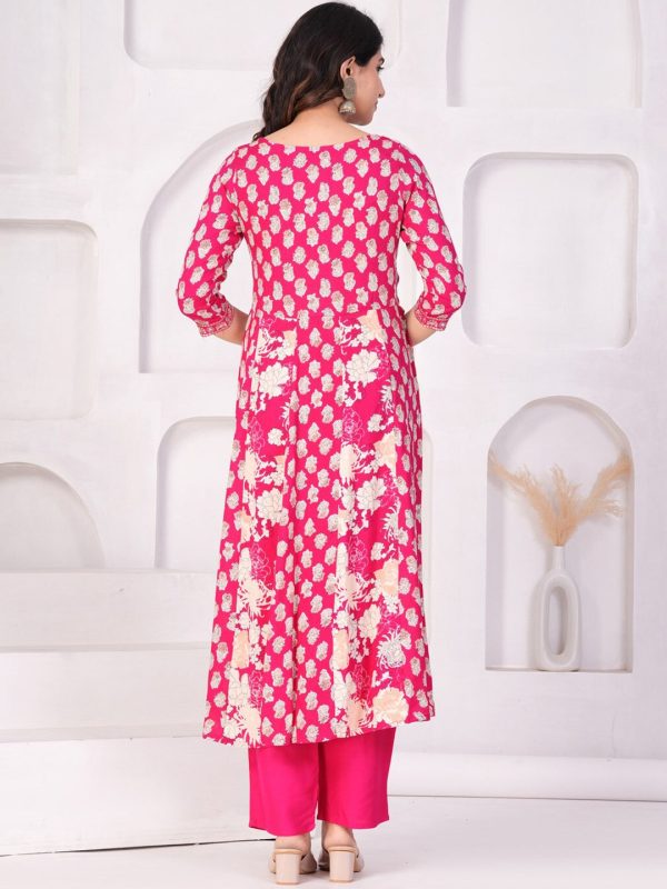 Women Floral Printed Regular Thread Work Kurta with Palazzos & With Dupatta (Pink) - Rasiya Online