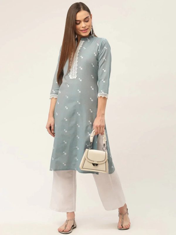 Women Cotton Jacquard Geometric Printed Kurta Grey - Rasiya on Sale