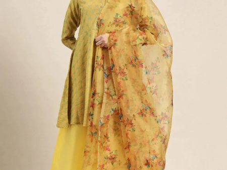 Women Floral Pleated Dupion Silk Jacquard Kurta With Palazzos & Dupatta Yellow - Rasiya Cheap