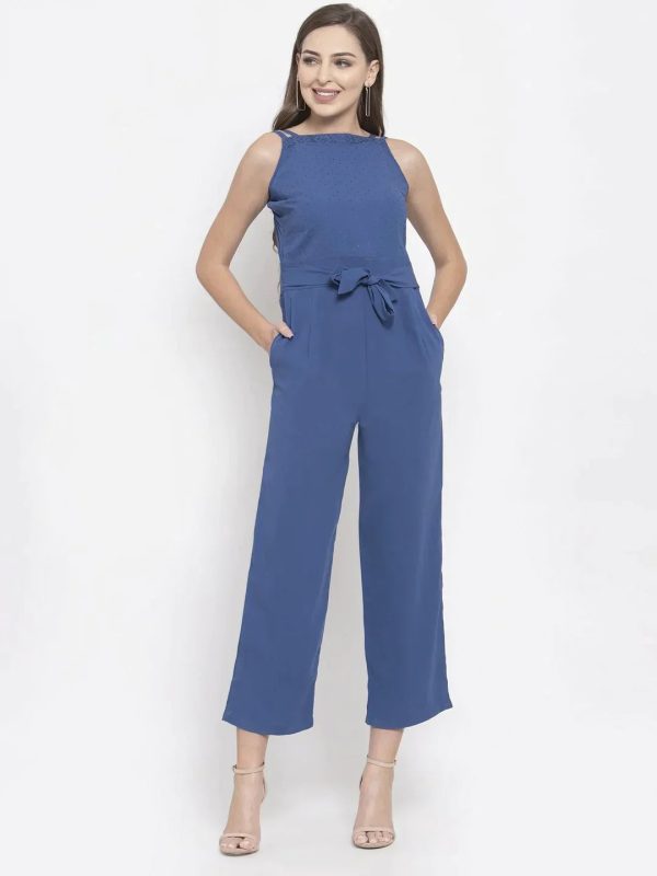 Women Blue Solid Embellished Jumpsuit - Rasiya on Sale