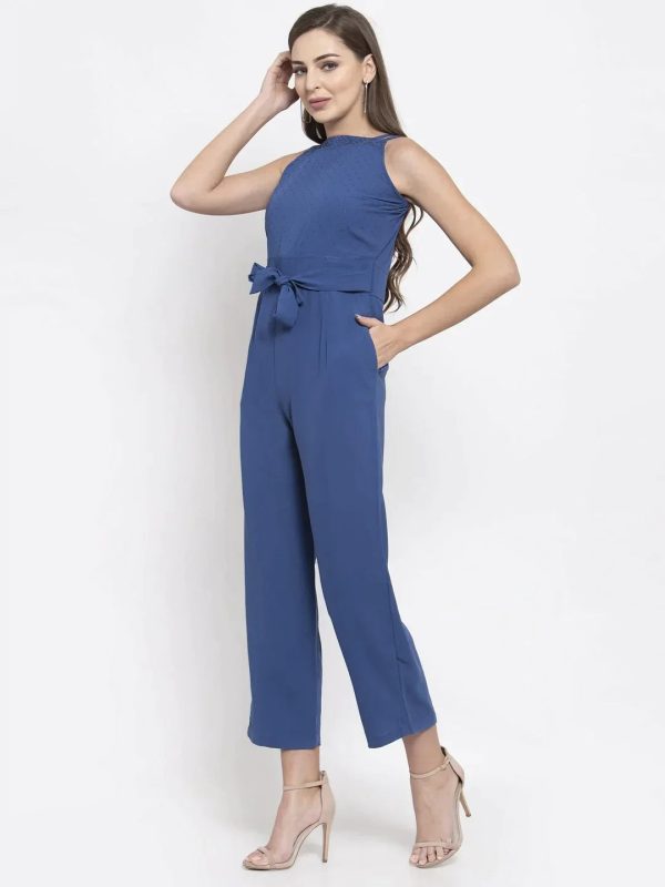 Women Blue Solid Embellished Jumpsuit - Rasiya on Sale